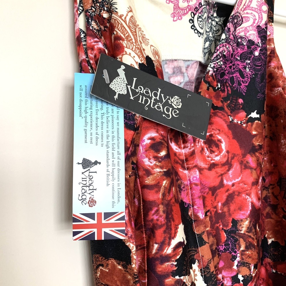 Lady V London Vintage Floral Paisley Tea Dress Red Ivory UK 8 , US 4 NWT - Picture 4 of 11